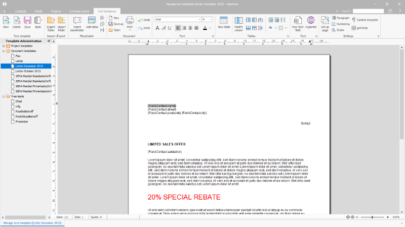 Creation of a document template for serial letter assistant