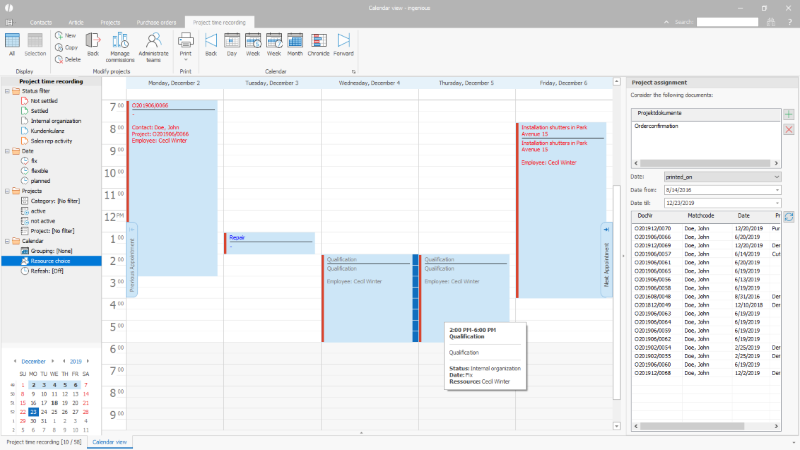 Calendar view of the project times