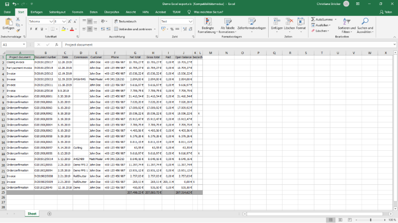 Exported file in Microsoft Excel