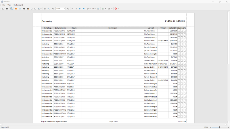 Print preview of a purchase orders list