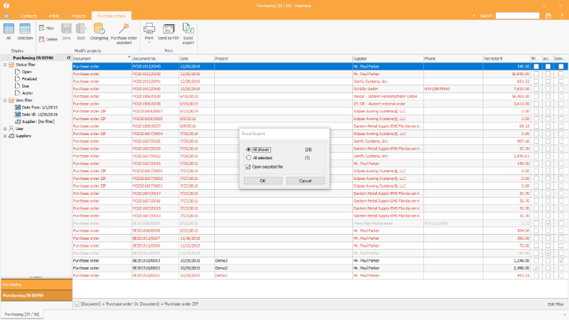 Selection dialog for the export of the purchase order list to Microsoft Excel