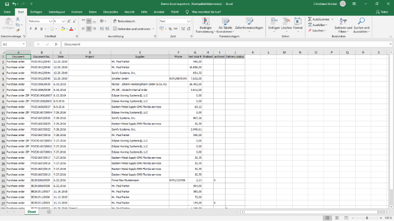 Exported purchase order list in Microsoft Excel