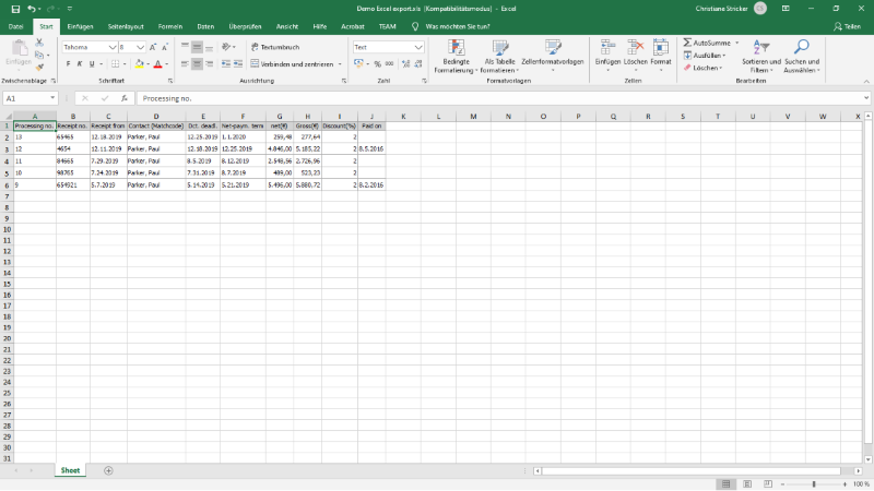 Incoming receipt list in Microsoft Excel