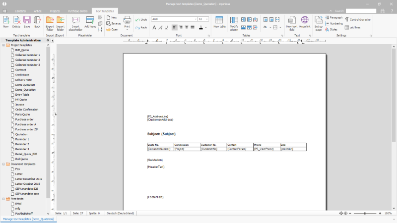 Example basic pattern miscellaneous data on a project document